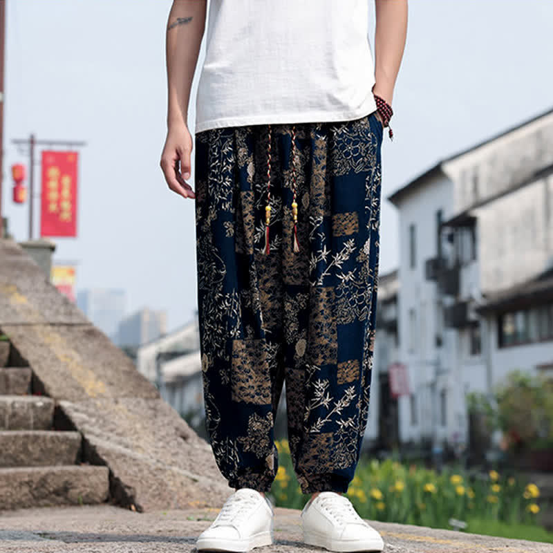 Buddha Stones Summer Boho Casual Drawstring Elephant Tree Print Cropped Pants Men's Harem Pants With Pockets