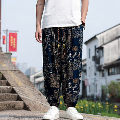 Buddha Stones Summer Boho Casual Drawstring Elephant Tree Print Cropped Pants Men's Harem Pants With Pockets