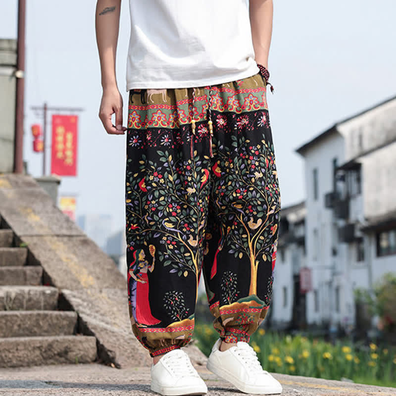 Buddha Stones Summer Boho Casual Drawstring Elephant Tree Print Cropped Pants Men's Harem Pants With Pockets