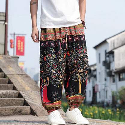 Buddha Stones Summer Boho Casual Drawstring Elephant Tree Print Cropped Pants Men's Harem Pants With Pockets