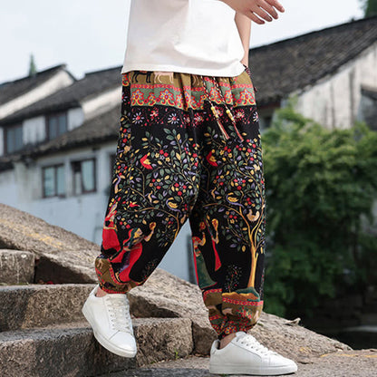 Buddha Stones Summer Boho Casual Drawstring Elephant Tree Print Cropped Pants Men's Harem Pants With Pockets