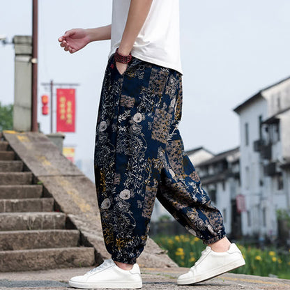 Buddha Stones Summer Boho Casual Drawstring Elephant Tree Print Cropped Pants Men's Harem Pants With Pockets
