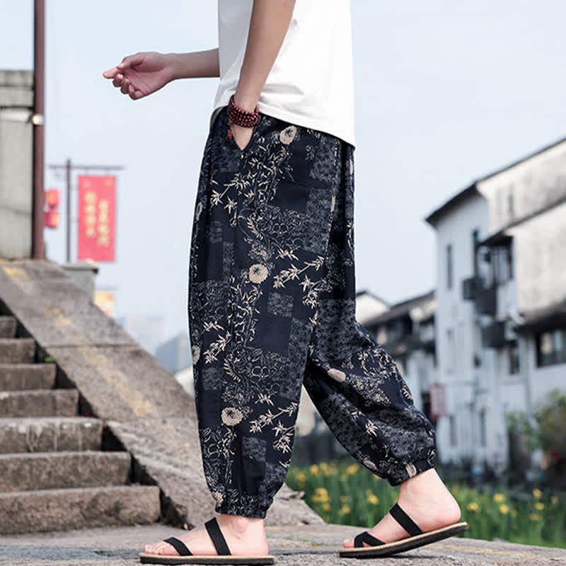 Buddha Stones Summer Boho Casual Drawstring Elephant Tree Print Cropped Pants Men's Harem Pants With Pockets