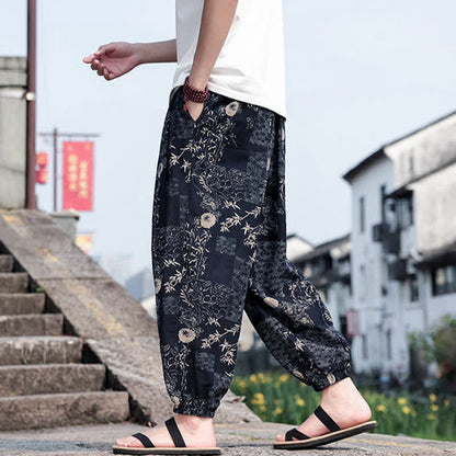 Buddha Stones Summer Boho Casual Drawstring Elephant Tree Print Cropped Pants Men's Harem Pants With Pockets