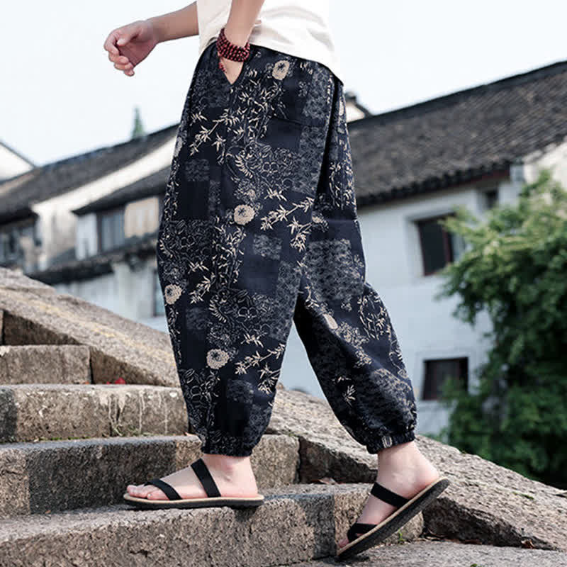 Buddha Stones Summer Boho Casual Drawstring Elephant Tree Print Cropped Pants Men's Harem Pants With Pockets