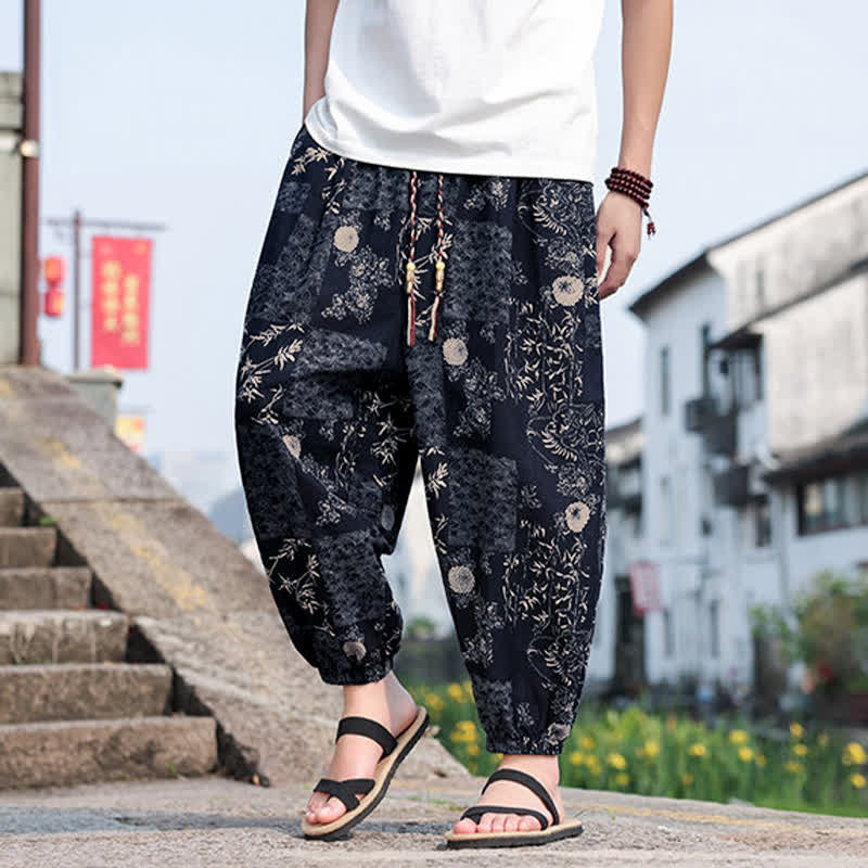 Buddha Stones Summer Boho Casual Drawstring Elephant Tree Print Cropped Pants Men's Harem Pants With Pockets
