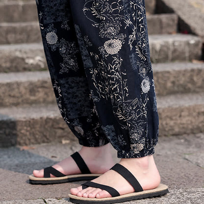 Buddha Stones Summer Boho Casual Drawstring Elephant Tree Print Cropped Pants Men's Harem Pants With Pockets