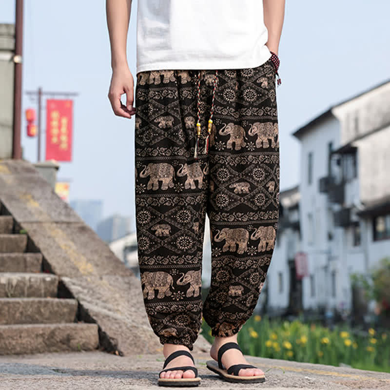 Buddha Stones Summer Boho Casual Drawstring Elephant Tree Print Cropped Pants Men's Harem Pants With Pockets