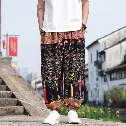 Buddha Stones Summer Boho Casual Drawstring Elephant Tree Print Cropped Pants Men's Harem Pants With Pockets