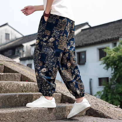 Buddha Stones Summer Boho Casual Drawstring Elephant Tree Print Cropped Pants Men's Harem Pants With Pockets