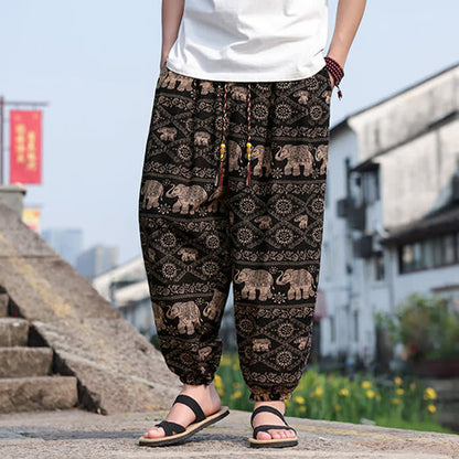 Buddha Stones Summer Boho Casual Drawstring Elephant Tree Print Cropped Pants Men's Harem Pants With Pockets