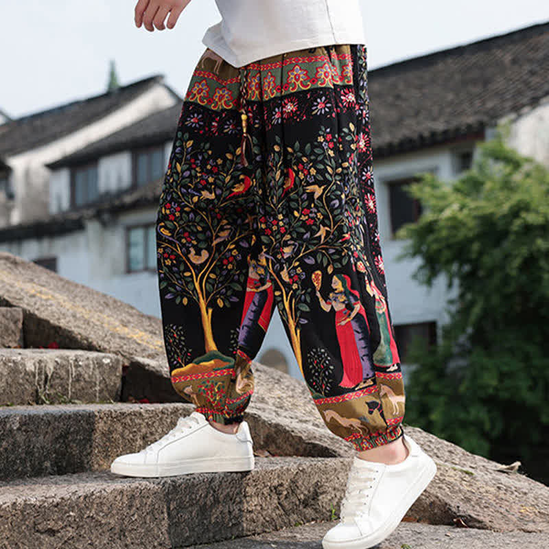 Buddha Stones Summer Boho Casual Drawstring Elephant Tree Print Cropped Pants Men's Harem Pants With Pockets