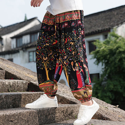 Buddha Stones Summer Boho Casual Drawstring Elephant Tree Print Cropped Pants Men's Harem Pants With Pockets