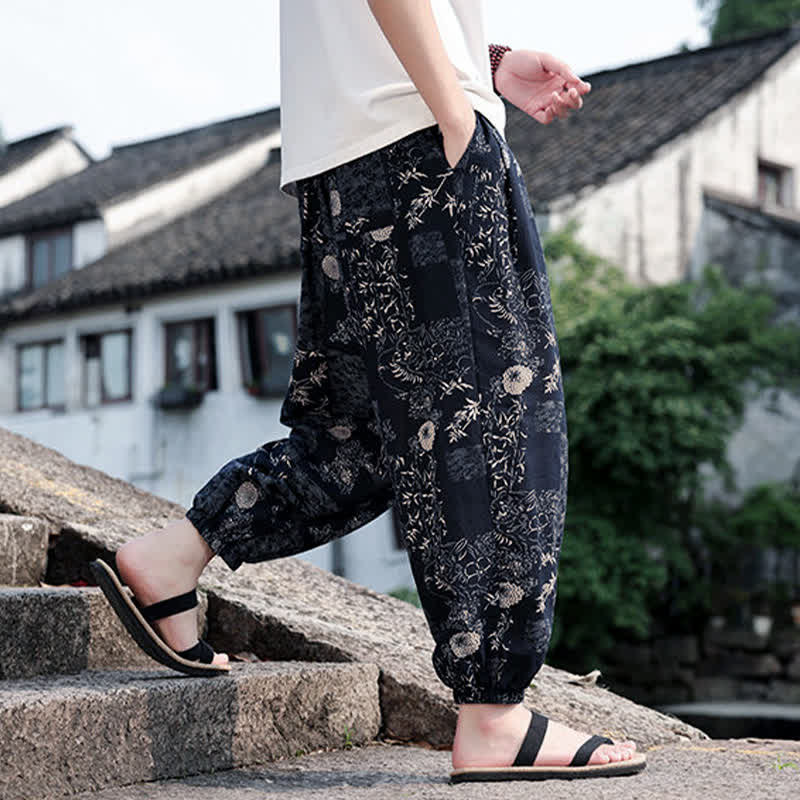 Buddha Stones Summer Boho Casual Drawstring Elephant Tree Print Cropped Pants Men's Harem Pants With Pockets