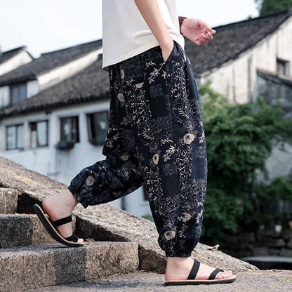 Buddha Stones Summer Boho Casual Drawstring Elephant Tree Print Cropped Pants Men's Harem Pants With Pockets