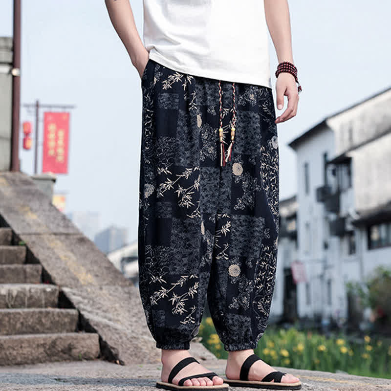 Buddha Stones Summer Boho Casual Drawstring Elephant Tree Print Cropped Pants Men's Harem Pants With Pockets