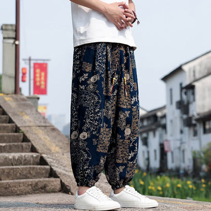 Buddha Stones Summer Boho Casual Drawstring Elephant Tree Print Cropped Pants Men's Harem Pants With Pockets