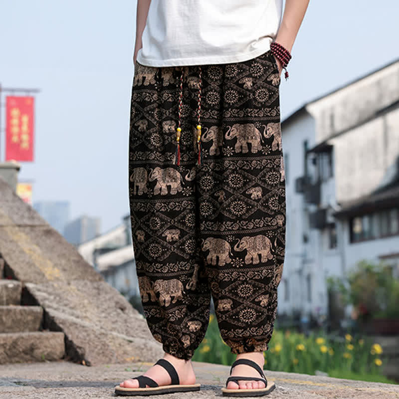 Buddha Stones Summer Boho Casual Drawstring Elephant Tree Print Cropped Pants Men's Harem Pants With Pockets