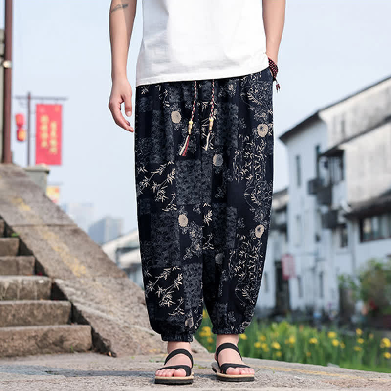 Buddha Stones Summer Boho Casual Drawstring Elephant Tree Print Cropped Pants Men's Harem Pants With Pockets