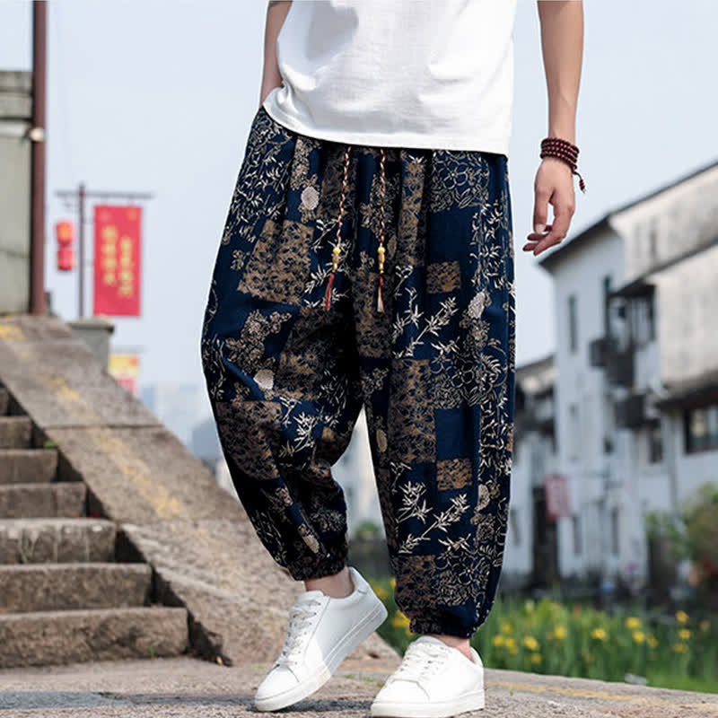 Buddha Stones Summer Boho Casual Drawstring Elephant Tree Print Cropped Pants Men's Harem Pants With Pockets