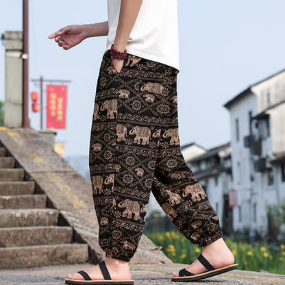 Buddha Stones Summer Boho Casual Drawstring Elephant Tree Print Cropped Pants Men's Harem Pants With Pockets