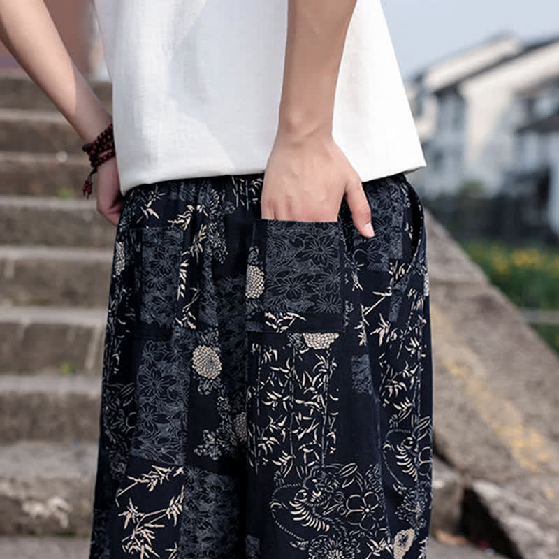 Buddha Stones Summer Boho Casual Drawstring Elephant Tree Print Cropped Pants Men's Harem Pants With Pockets