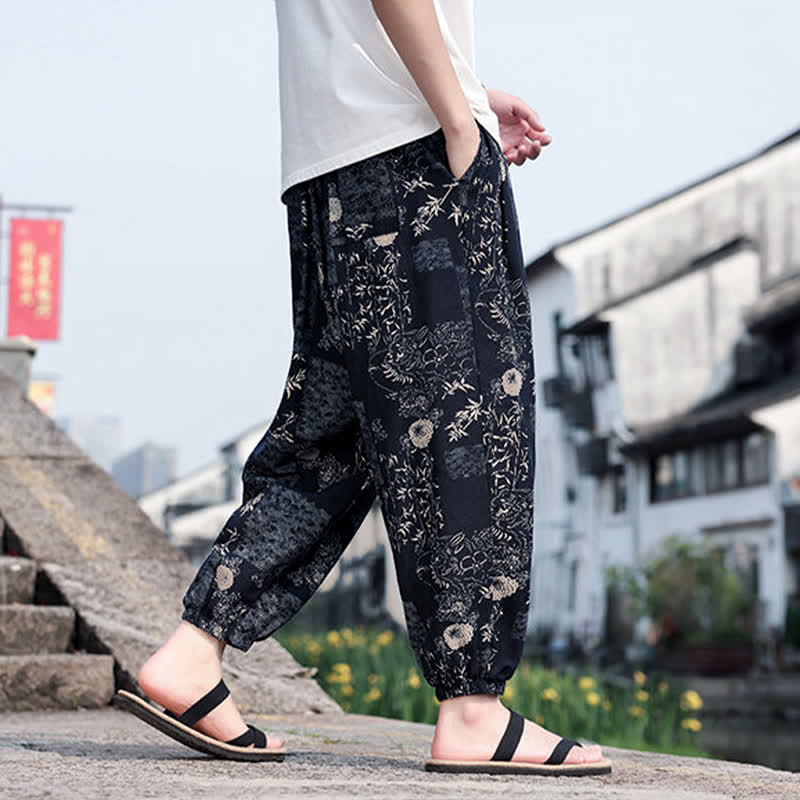Buddha Stones Summer Boho Casual Drawstring Elephant Tree Print Cropped Pants Men's Harem Pants With Pockets
