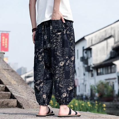 Buddha Stones Summer Boho Casual Drawstring Elephant Tree Print Cropped Pants Men's Harem Pants With Pockets
