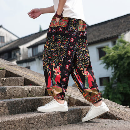 Buddha Stones Summer Boho Casual Drawstring Elephant Tree Print Cropped Pants Men's Harem Pants With Pockets