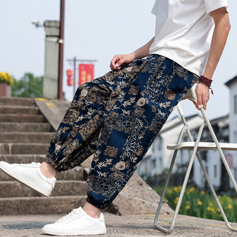 Buddha Stones Summer Boho Casual Drawstring Elephant Tree Print Cropped Pants Men's Harem Pants With Pockets
