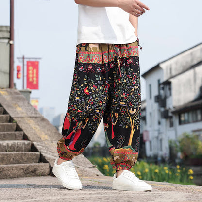Buddha Stones Summer Boho Casual Drawstring Elephant Tree Print Cropped Pants Men's Harem Pants With Pockets