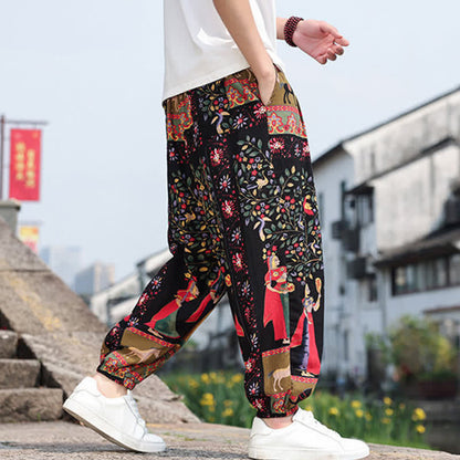 Buddha Stones Summer Boho Casual Drawstring Elephant Tree Print Cropped Pants Men's Harem Pants With Pockets