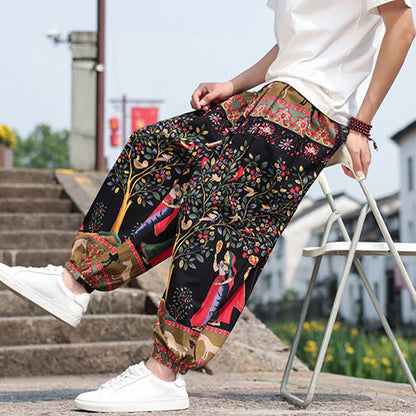 Buddha Stones Summer Boho Casual Drawstring Elephant Tree Print Cropped Pants Men's Harem Pants With Pockets