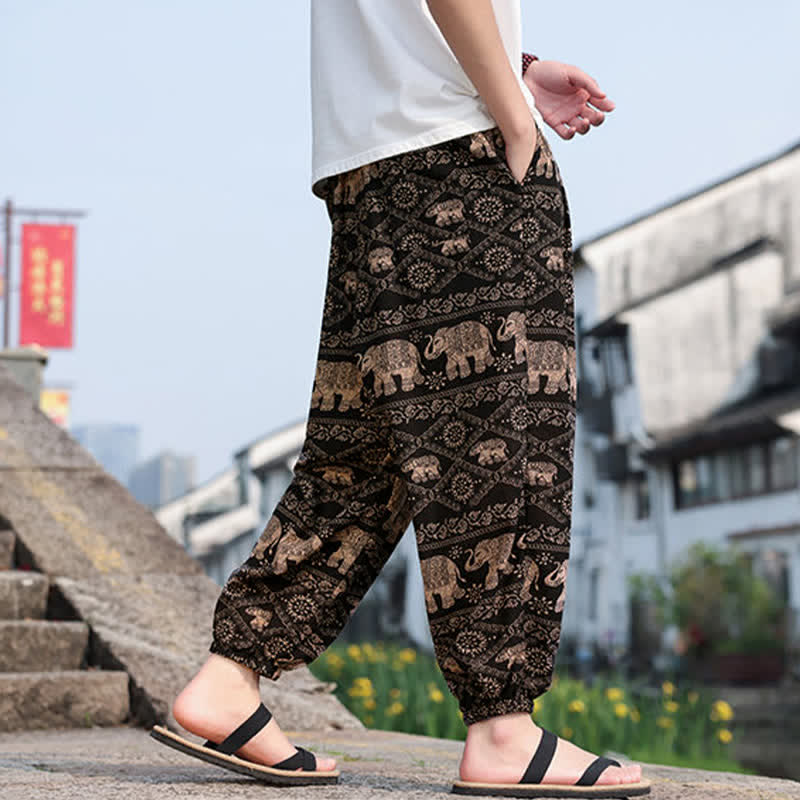 Buddha Stones Summer Boho Casual Drawstring Elephant Tree Print Cropped Pants Men's Harem Pants With Pockets