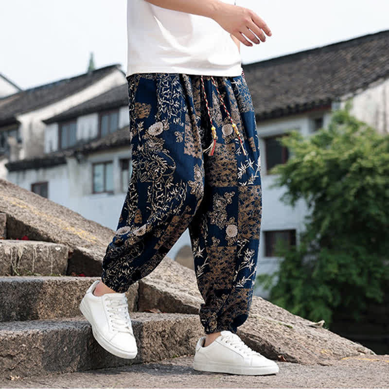Buddha Stones Summer Boho Casual Drawstring Elephant Tree Print Cropped Pants Men's Harem Pants With Pockets