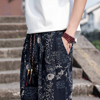 Buddha Stones Summer Boho Casual Drawstring Elephant Tree Print Cropped Pants Men's Harem Pants With Pockets