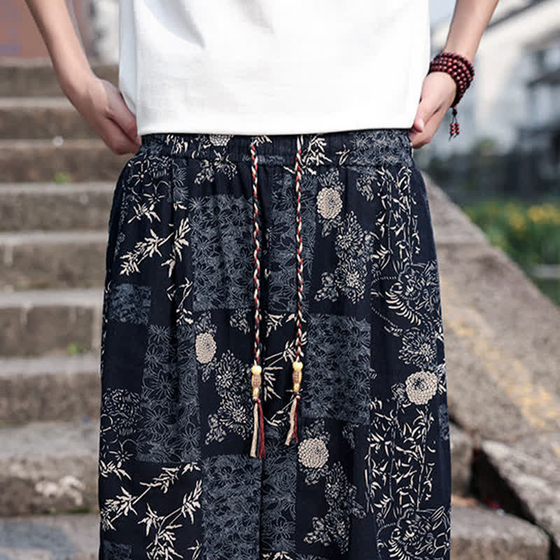 Buddha Stones Summer Boho Casual Drawstring Elephant Tree Print Cropped Pants Men's Harem Pants With Pockets