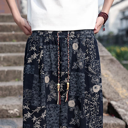 Buddha Stones Summer Boho Casual Drawstring Elephant Tree Print Cropped Pants Men's Harem Pants With Pockets