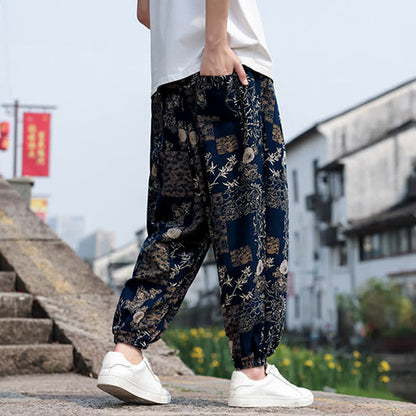 Buddha Stones Summer Boho Casual Drawstring Elephant Tree Print Cropped Pants Men's Harem Pants With Pockets