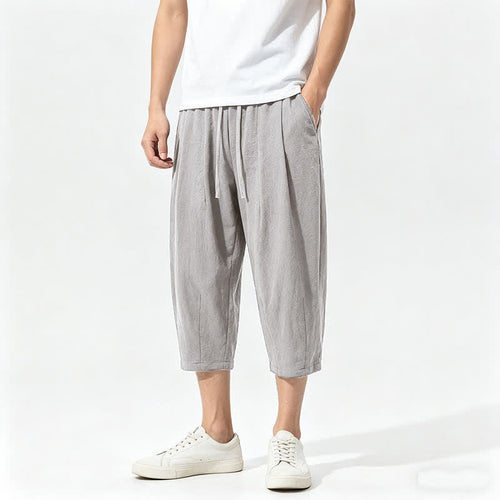 Buddha Stones Summer Casual Drawstring Solid Cotton Capri Pants Men's Harem Pants With Pockets
