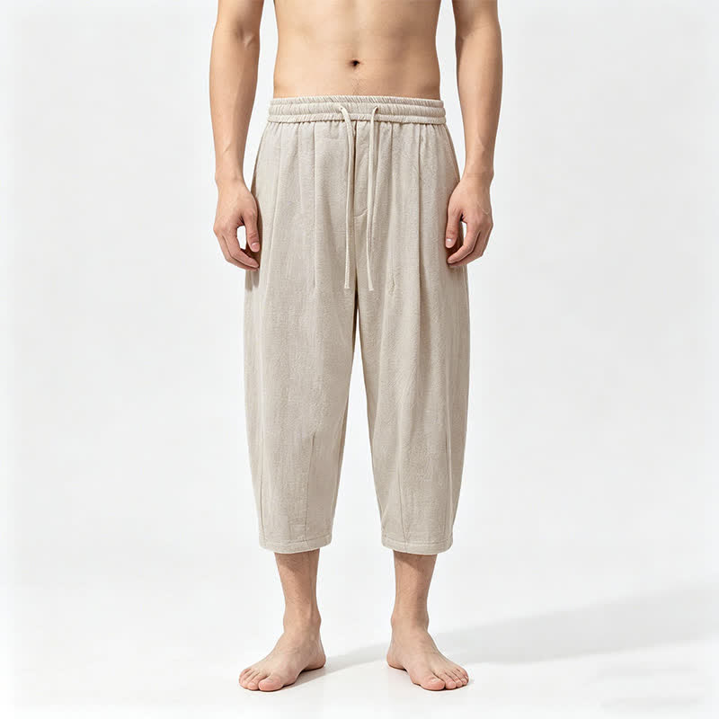 Buddha Stones Summer Casual Drawstring Solid Cotton Capri Pants Men's Harem Pants With Pockets