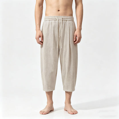Buddha Stones Summer Casual Drawstring Solid Cotton Capri Pants Men's Harem Pants With Pockets