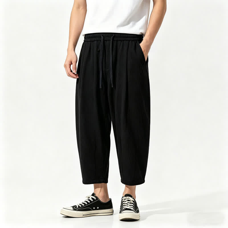 Buddha Stones Summer Casual Drawstring Solid Cotton Capri Pants Men's Harem Pants With Pockets
