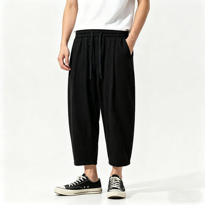 Buddha Stones Summer Casual Drawstring Solid Cotton Capri Pants Men's Harem Pants With Pockets