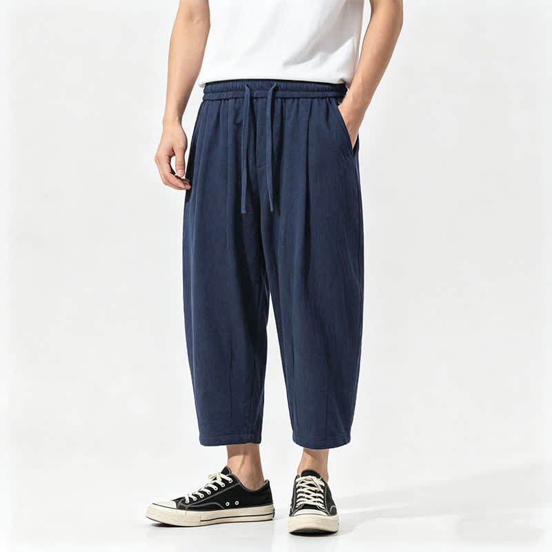 Buddha Stones Summer Casual Drawstring Solid Cotton Capri Pants Men's Harem Pants With Pockets