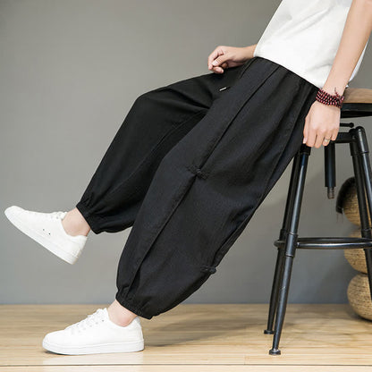 Buddha Stones Summer Casual Minimalist Drawstring Solid Cropped Pants Men's Harem Pants With Pocket