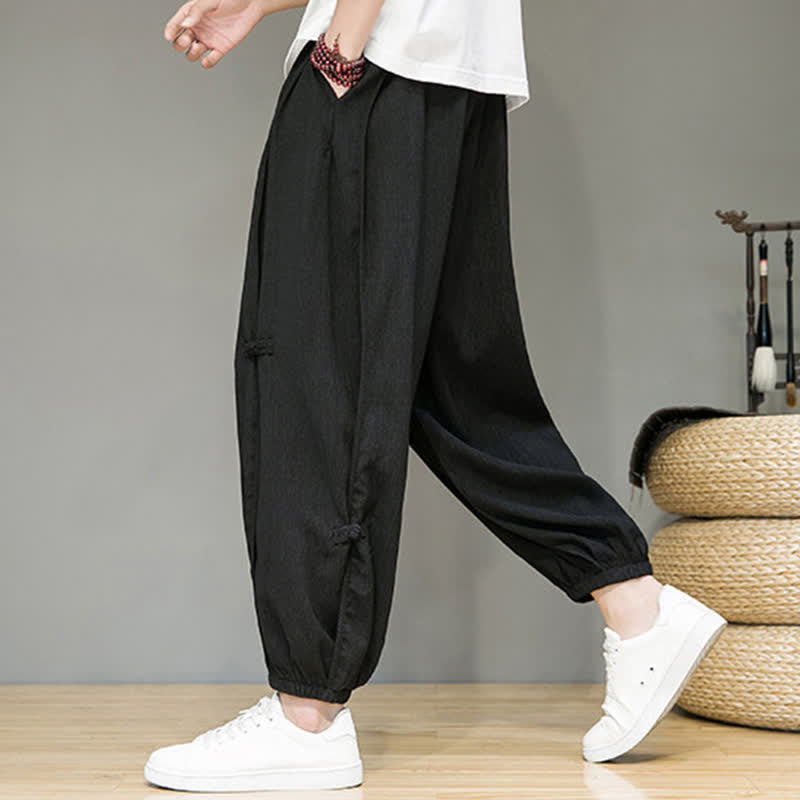Buddha Stones Summer Casual Minimalist Drawstring Solid Cropped Pants Men's Harem Pants With Pocket