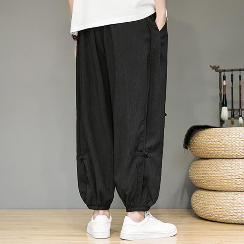 Buddha Stones Summer Casual Minimalist Drawstring Solid Cropped Pants Men's Harem Pants With Pocket
