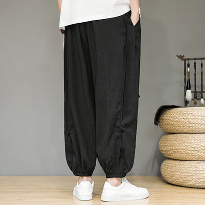 Buddha Stones Summer Casual Minimalist Drawstring Solid Cropped Pants Men's Harem Pants With Pocket