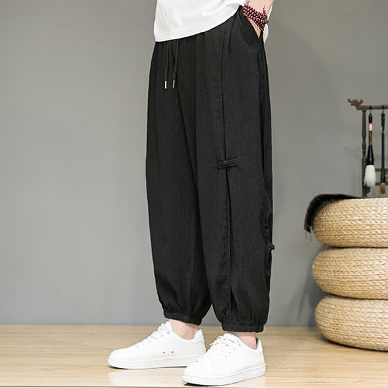 Buddha Stones Summer Casual Minimalist Drawstring Solid Cropped Pants Men's Harem Pants With Pocket